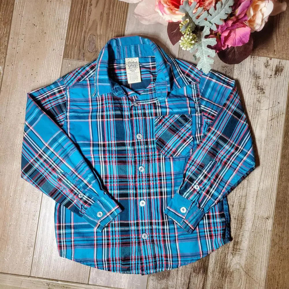 Faded Glory Turquoise Blue Plaid Button Down Long Sleeve Shirt Boys Size XS 4-5